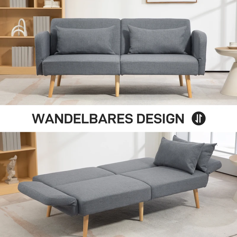 HOMCOM slaapbank, 3-zits bank met slaapfunctie, 2 kussens, gestoffeerde bank met verstelbare armleuning, linnenlook, voor woonkamer en slaapkamer, 170 x 83 x 80 cm, grijs