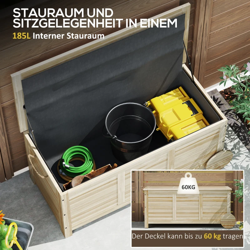 Outsunny 185 L Außenlagerbox, Lagerkiste mit Rädern, wetterbeständig, Tannenholz, 110 x 50 x 50 cm, Hellbraun