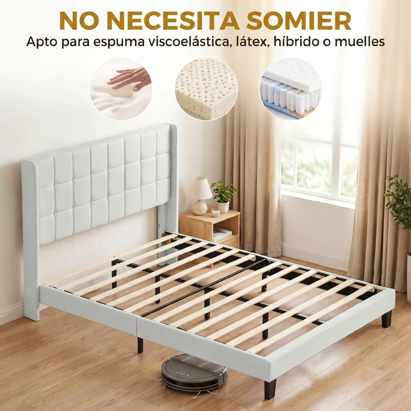 HOMCOM Cama de Casal 135x190 cm com Cabeceira Estofada com Laterais e Arrumação Inferior, Bege