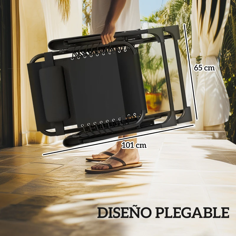 Outsunny Set de 2 Tumbonas Jardín Exterior Plegables de Gravedad Cero con Mesa Auxiliar con Portavasos Reposacabezas Negro
