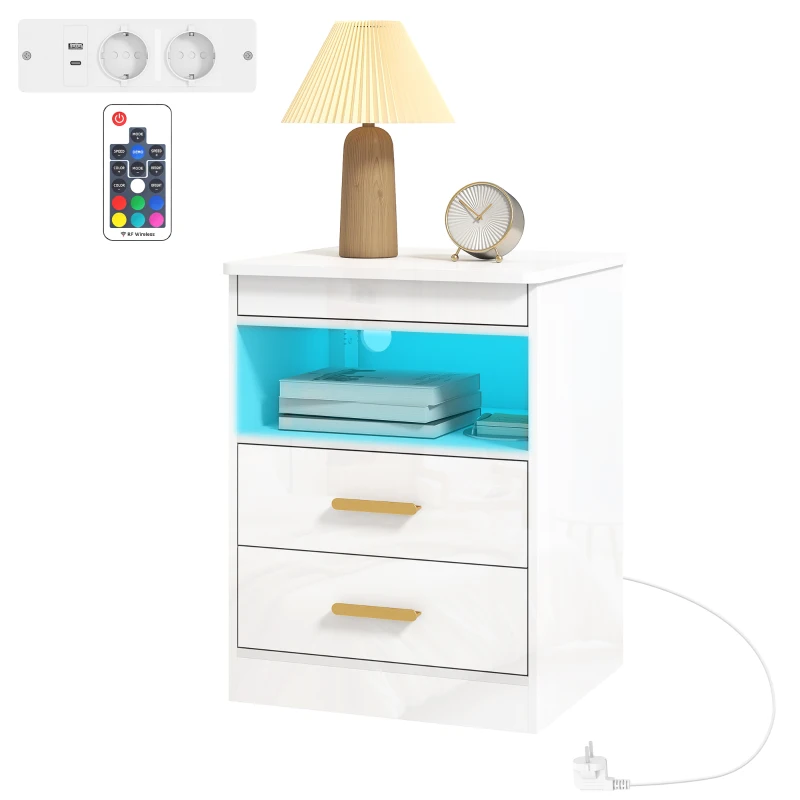 HOMCOM Nachttisch, Beistelltisch mit Ladestation und RGB-LED-Beleuchtung, Hochglanz Weiß