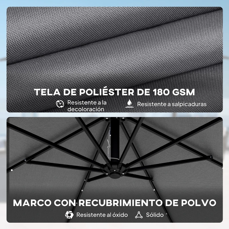 Outsunny Parasol Excéntrico con Luces LED Solares 330x295 cm Sombrilla con Base Cruzada Manivela Funda Protectora Gris Oscuro
