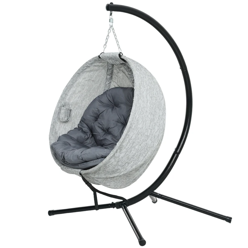 Outsunny Eivormige hangmand, hangstoel met schommelfunctie en opvouwbare mand, tuinstoel, bekerhouder, grijs