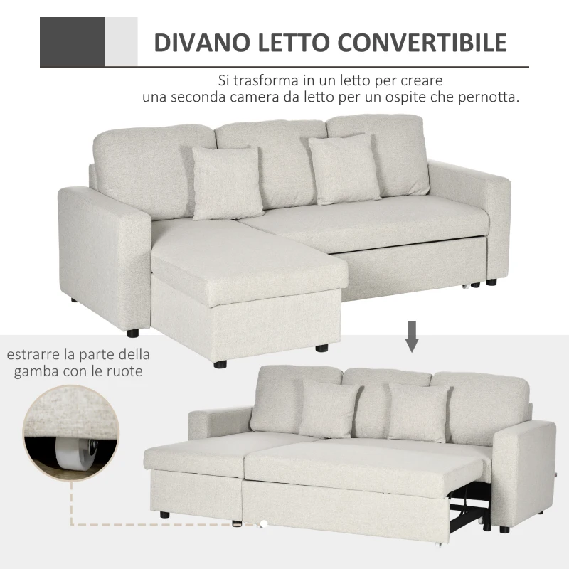 HOMCOM Divano Letto Angolare con Seduta 2 Posti e Penisola, Vano Contenitore e 2 Cuscini in Tessuto, Crema
