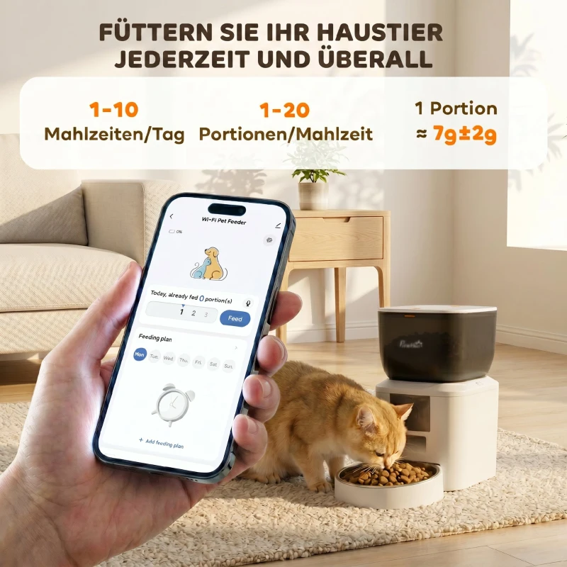 PawHut Automatischer Katzenfutterautomat, 2,4G WLAN, 4L, App-Steuerung, 1–10 Mahlzeiten, 10s Futterruf