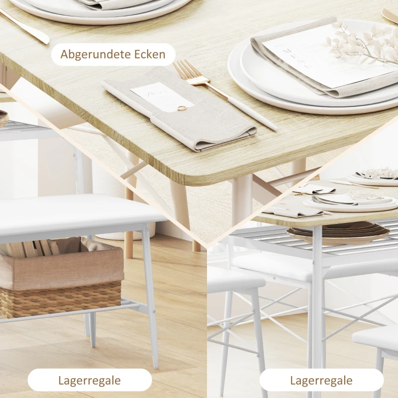 HOMCOM Eetset Eettafel met Bank en 2 Stoelen – Ruimtebesparende Keukentafelset met Opbergruimte voor 4 Personen – Eetkamermeubel voor Keuken, Eetkamer, Eiken