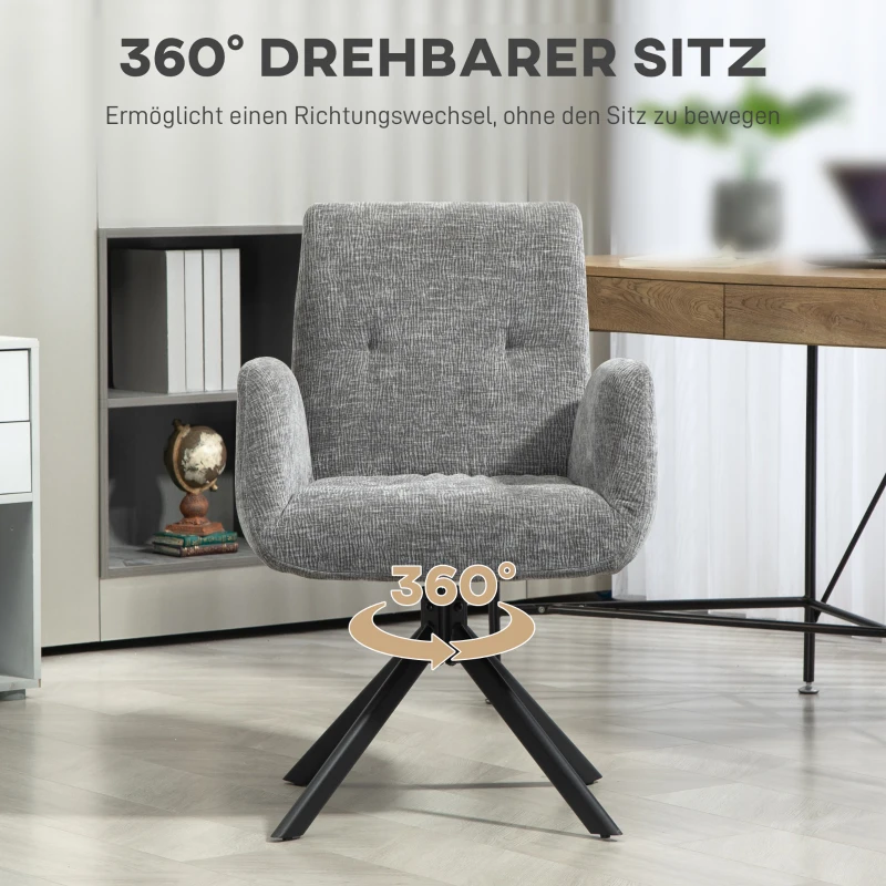 HOMCOM draaistoel loungefauteuil met armleuningen, wol-linnen look, moderne gestoffeerde stoel met knoopdetails, stalen poten, voor woonkamer of slaapkamer, donkergrijs