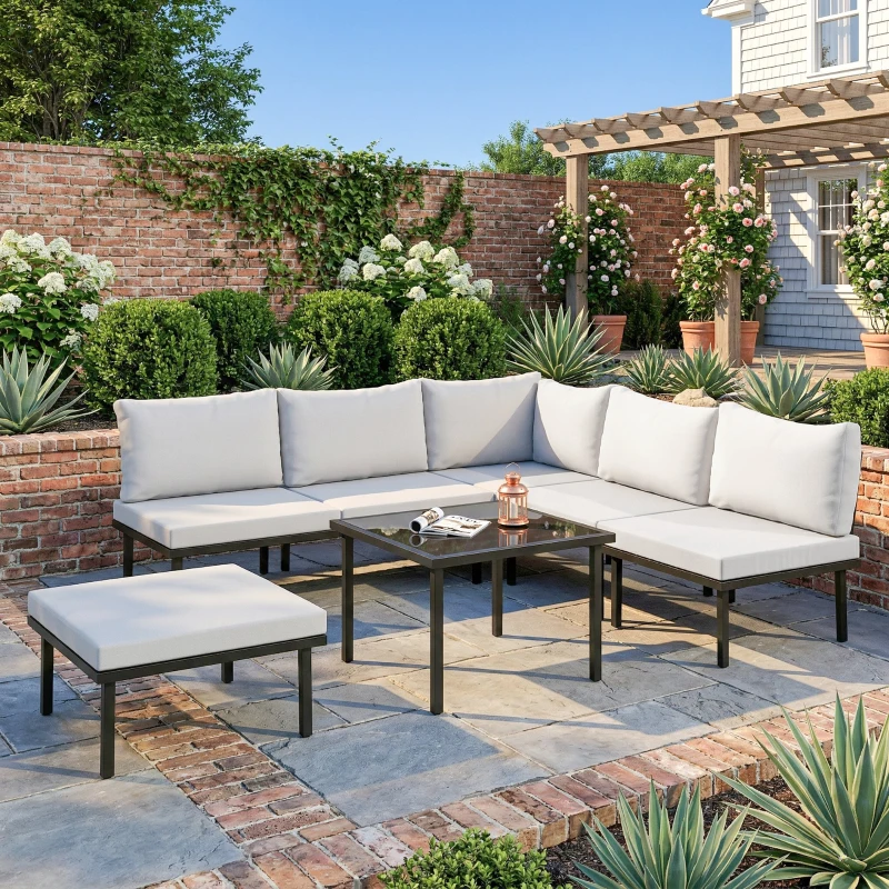 Outsunny Conjunto de Jardim Exterior de 6 Peças com Sofá de 2 Lugares, Módulo de Canto, 2 Assentos, Apoio para Pés e Mesa de Vidro, Cinzento Claro