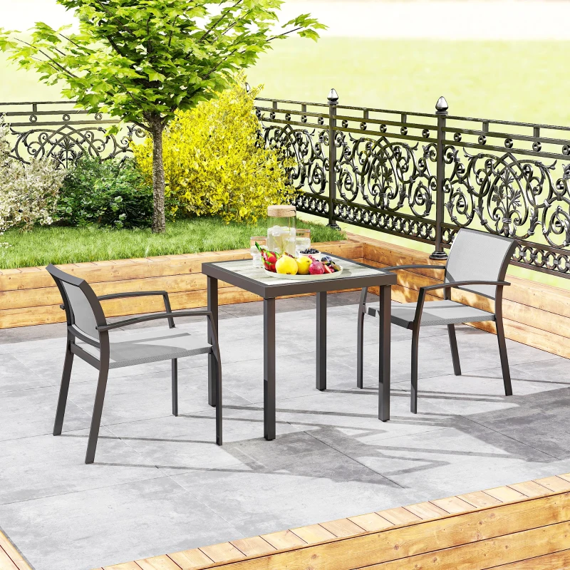 Outsunny 3-delig eetset, buitentafel in houtlook, 2 stoelen, weerbestendig, stalen frame, terrasmeubels, Grijs