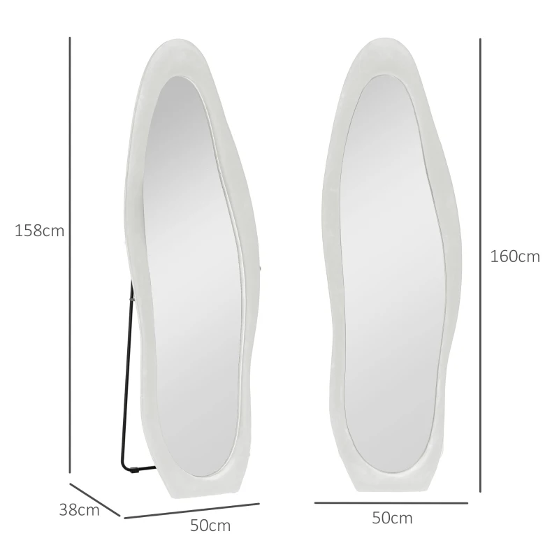 HOMCOM Volledige Lichaamsspiegel, 160 x 50 cm Golvende Staande Spiegel met Fluwelen Rand, Grote Wandspiegel, Passpiegel voor Woonkamer, Slaapkamer, Garderobe, Hal, Wit