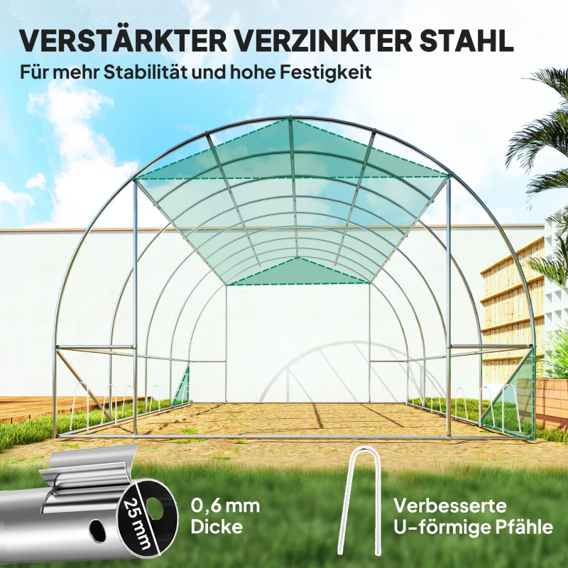 Outsunny Polytunnelkas met kunststofbedekking en stalen frame, betreebare kas met oprolbare deuren, groen