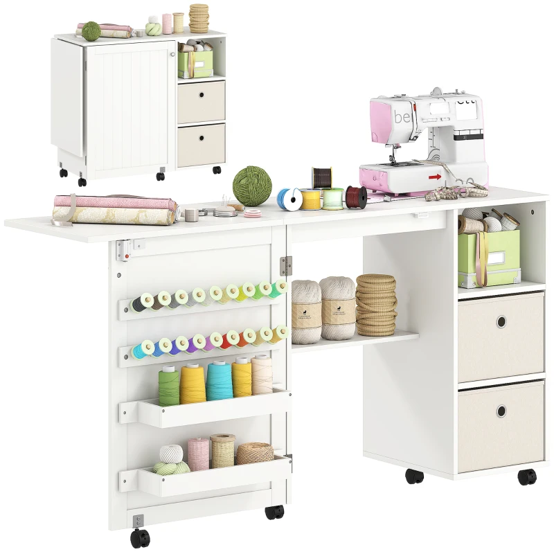 HOMCOM Mesa de Costura Dobrável com 6 Rodas Móvel para Máquina de Costura com 18 Pinos para Linhas 2 Gavetas 146,4x40x77,5 cm Branco
