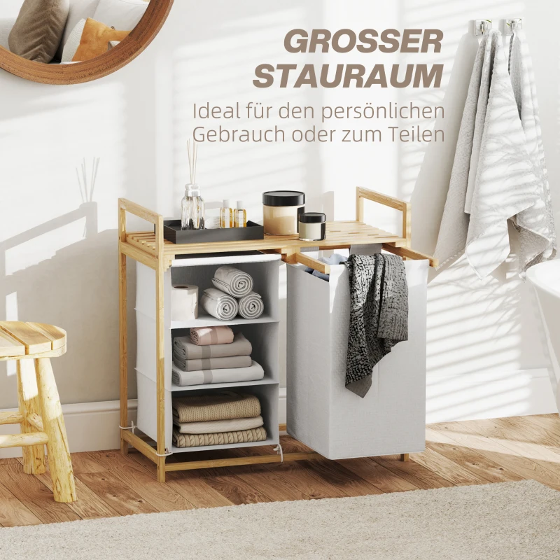 HOMCOM Wasmand met waszak, stoffen lade, bamboe, 70x36x70 cm, Wit/Hout
