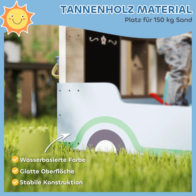 AIYAPLAY Sandkasten mit Vordach, Einkaufsladen-Design, Sitzbank, Zeichentafel, Tannenholz, 104H x 108L x 90B cm, Blau