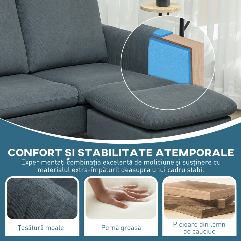 HOMCOM Canapea colțar cu 3 locuri și șezlong reversibil, din material textil cu aspect de catifea, 196x140x88 cm, gri cărbune(m-8)
