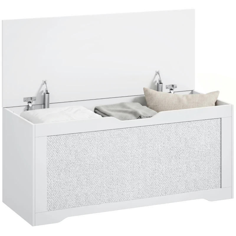 HOMCOM Cufăr de depozitare 108 L Bancă de depozitare cu panou din ratán Capac Brațe de susținere pentru hol 80x40x45cm Alb