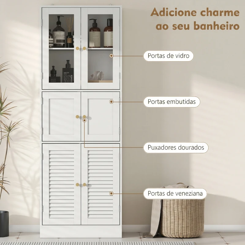 HOMCOM Armário de Casa de Banho Alto com Portas de Vidro Portas de Ripas e Prateleiras Ajustáveis 60x30x170 cm Branco
