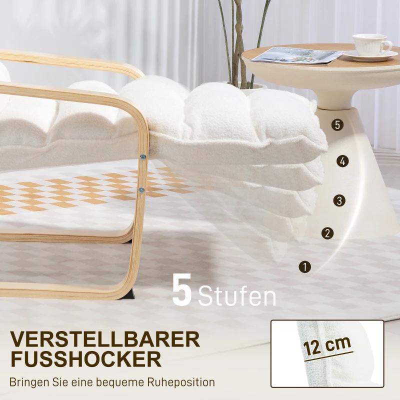 HOMCOM Loungefauteuil van berkenhout, gestoffeerde fauteuil, verstelbare voetensteun, Wit(m-5)