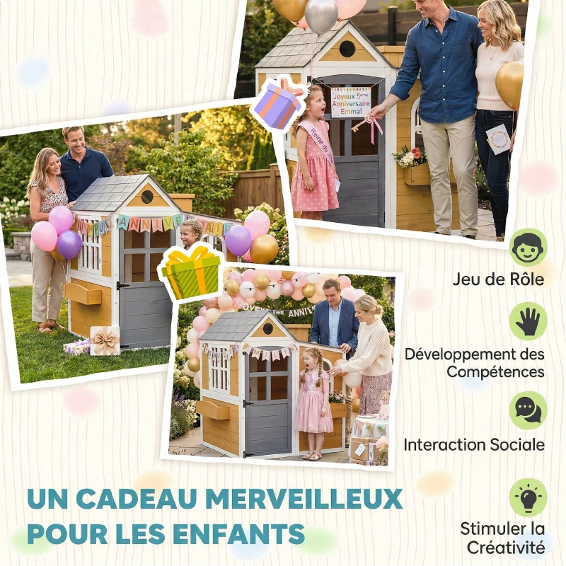 AIYAPLAY Cabane enfant extérieur en bois, maison enfant extérieure/intérieure avec porte, fenêtres, 3 bacs à fleurs, jaune
