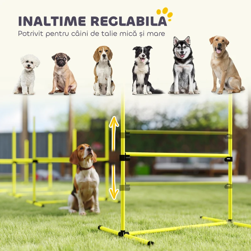 PawHut Set 4 Obstacole pentru Agility Dog, Antrenament Câini, Înălțime Reglabilă, cu Geantă de Transport, Galben