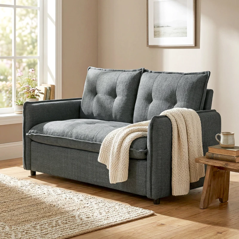 HOMCOM Sofá de 2 Lugares Estofado em Linho Sofá Moderno com Acolchoamento Grosso Design Capitoné 131x75x85 cm Cinza Escuro