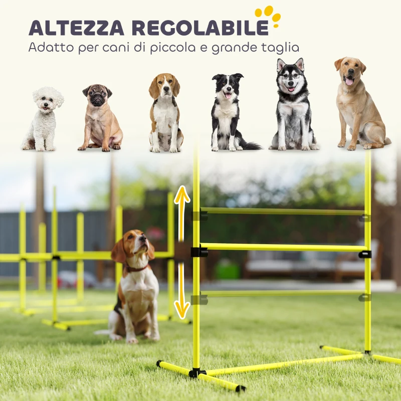 PawHut Set 4 Ostacoli Agility Dog per Addestramento Cani ad Altezza Regolabile con Borsa da Trasporto, Giallo