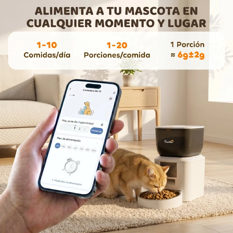 PawHut Comedero Automático 4L WiFi 2.4G para Gatos Perros con Control App 2 Cuencos 1-10 Comidas al Día Grabadora Voz 10s
