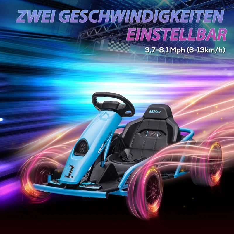 HOMCOM Elektro-Gokart für Kinder, Drift-Funktion, Hupe, Musik, Sicherheitsgurt, Soft-Start, Blau/Schwarz(m-5)