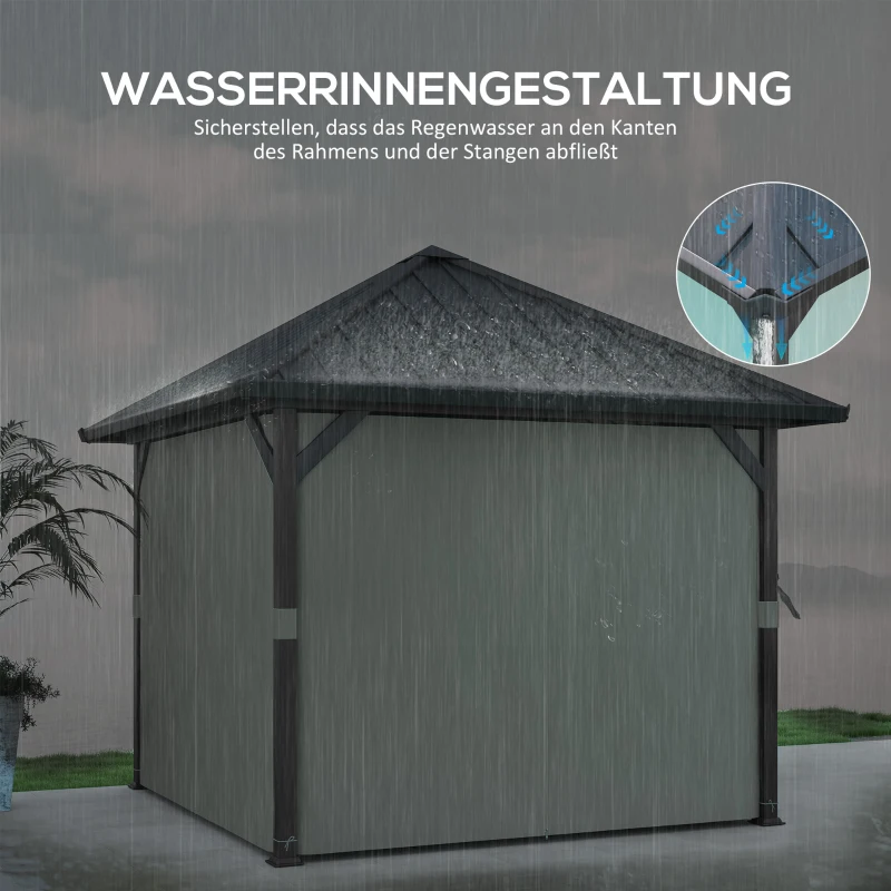 Outsunny 3 x 3 m harddak-paviljoen, tuinpaviljoen met metalen dak, waterbestendige tuintent met net en zijwanden, donkergrijs