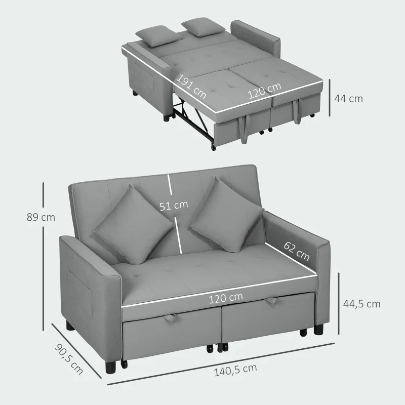 HOMCOM 4-in-1 bank, verstelbare sofa, slaapbank, met kussens, stoffen bekleding, voor woonkamer, slaapkamer, grijs
