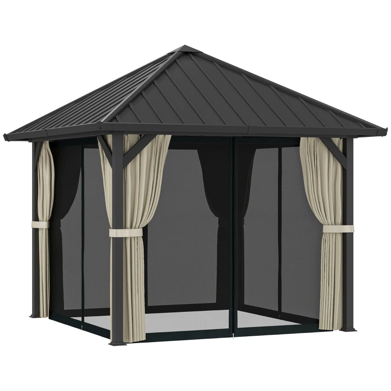 Outsunny 3 x 3 m harddak-paviljoen, tuinpaviljoen met metalen dak, waterbestendige tuintent met net en zijwanden, donkergrijs