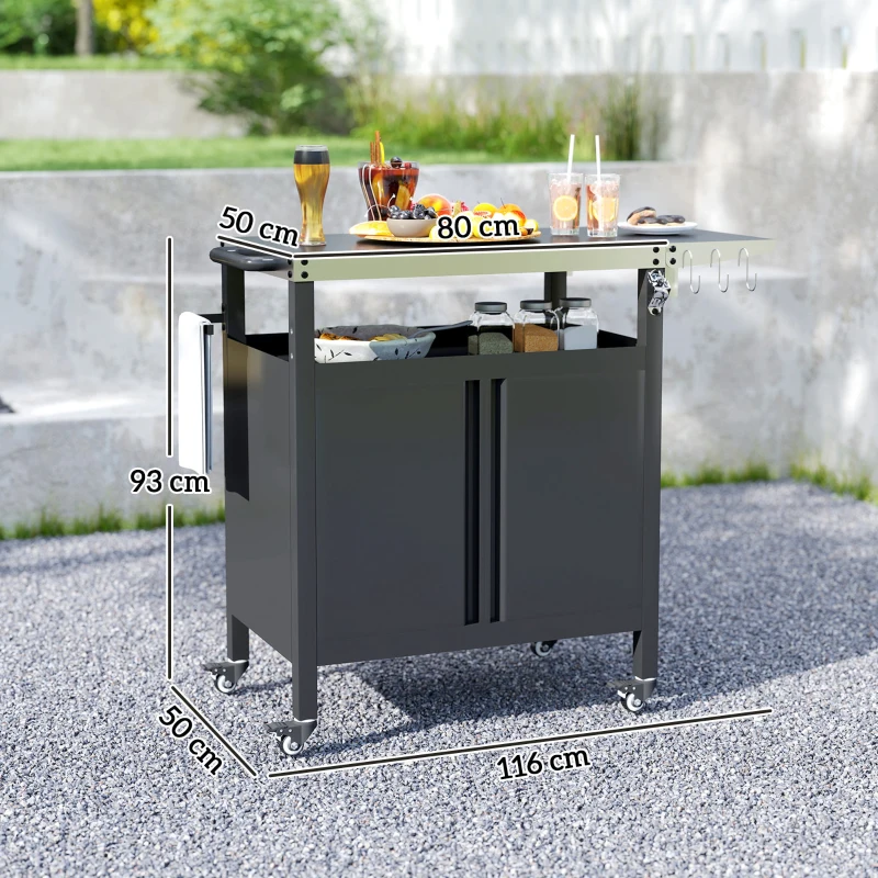 Outsunny Grillwagen – 3-laags inklapbare serveerwagen met werkblad, kast, haken en wielen, BBQ-tafel van roestvrij staal, buitenrolwagen, houtskoolgrill voor tuin, 116x50x93 cm, zwart