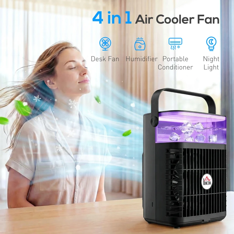 HOMCOM Air Cooler with Adjustable Head, Portable Air Conditioner with 3 Wind Speed, 2 Cool Mist, RGB Light, Black