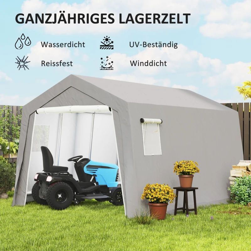 Outsunny Opbergtent met zadeldak, waterdicht opbergtent met deuren en ramen, anti-stof fietsafdak, folietent en fietsgarage voor terras en tuin, 300 x 447 x 255 cm, lichtgrijs