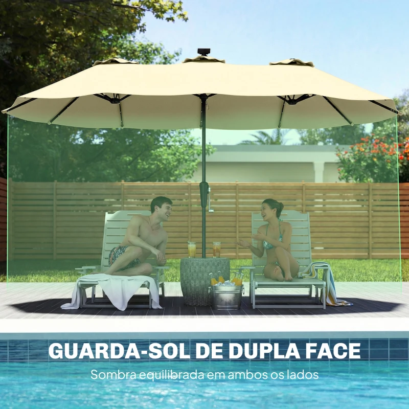 Outsunny Chapéu de Sol Duplo com 36 Luzes LED Solares 4x2 m Manivela UPF50+ Chapéu de Sol para Jardim Bege