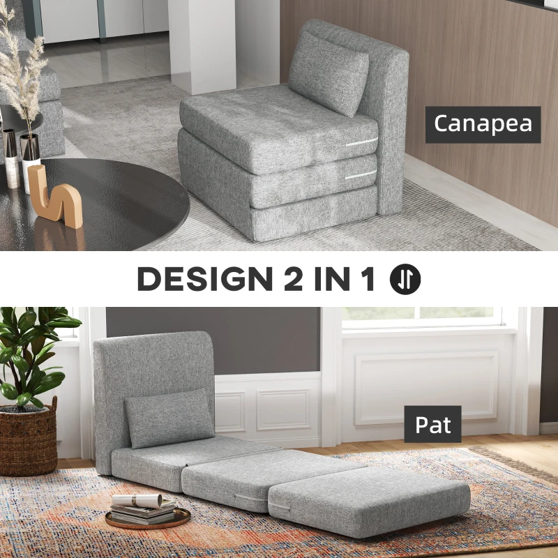 HOMCOM Fotoliu Pat Pliabil de Podea cu 3 Secțiuni Economisitor de Spațiu, din Material Textil, 80x75x74 cm, Gri(m-7)
