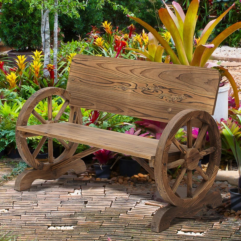 Outsunny Tuinbank bank tuinmeubelen armleuning wagen wielen design massief hout bruin