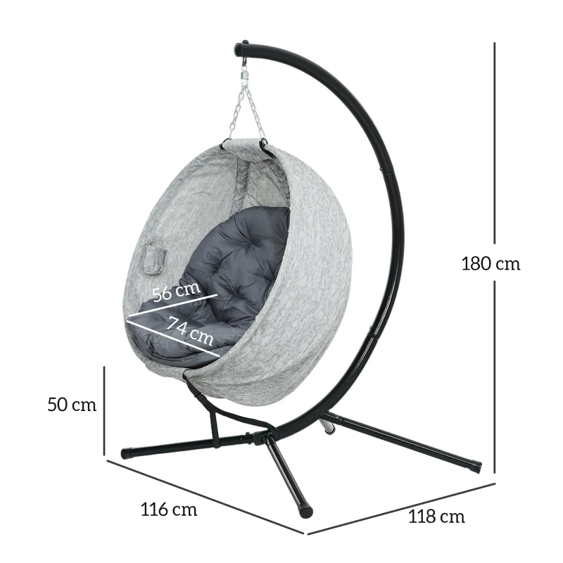 Outsunny Eivormige hangmand, hangstoel met schommelfunctie en opvouwbare mand, tuinstoel, bekerhouder, grijs