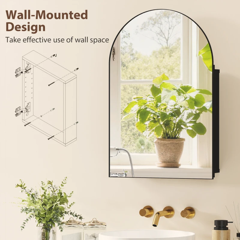 HOMCOM Bathroom Mirror Cabinet with Mirror, Arched Wall Mounted Bathroom Cabinet with Storage Shelves, Black