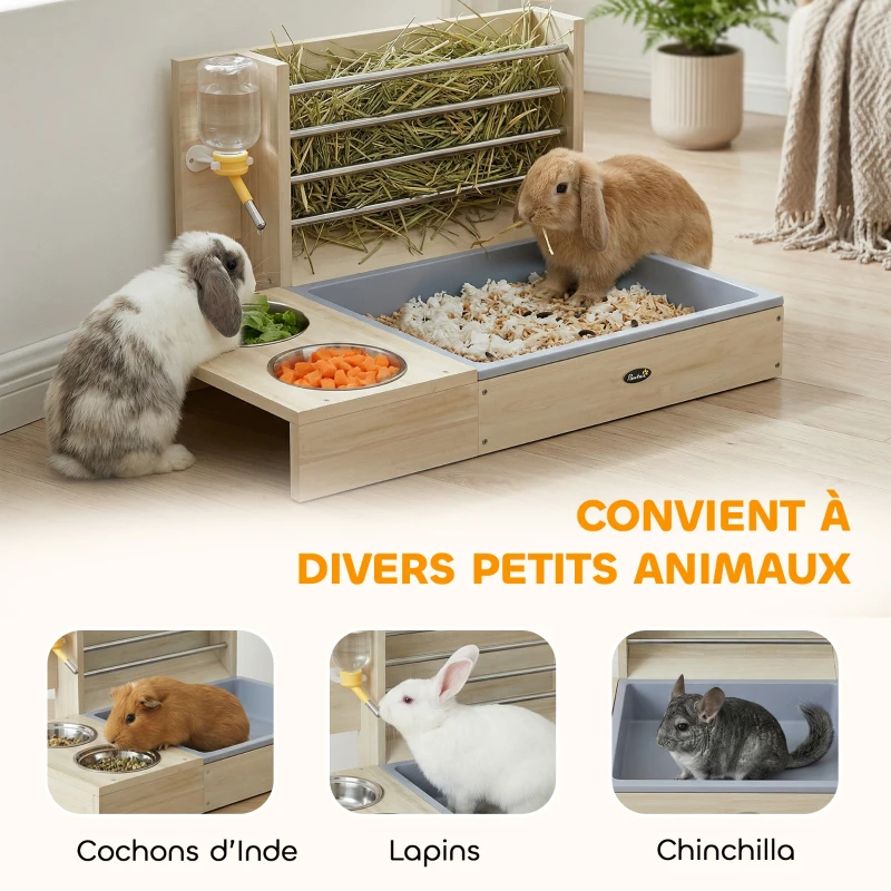 PawHut Râtelier à Foin en Bois pour Lapin Mangeoire Lapin 3 en 1 avec Bac à Litière et Bouteille d'Eau 58x40x32cm Bois Naturel