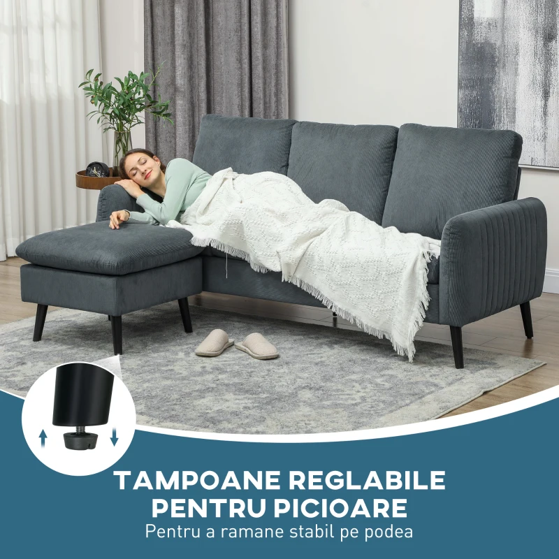 HOMCOM Canapea colțar cu 3 locuri și șezlong reversibil, din material textil cu aspect de catifea, 196x140x88 cm, gri cărbune(m-9)