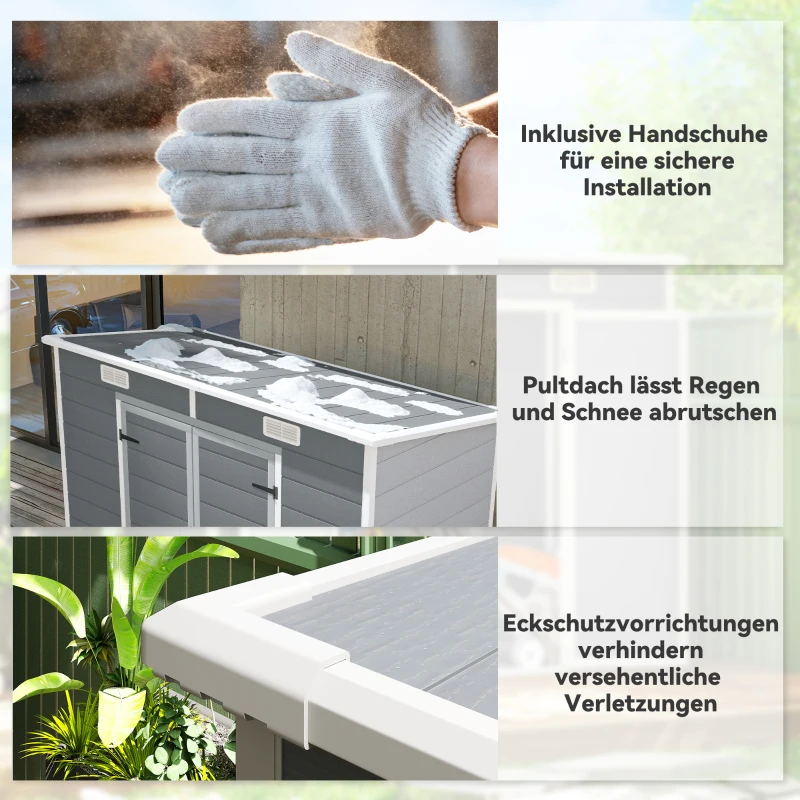 Outsunny 2,4 x 1,3 m Gartenschuppen, Kunststoff-Gartenhaus mit Boden, Fenster, verschließbare Türen, für Garten, Terrasse, Grau