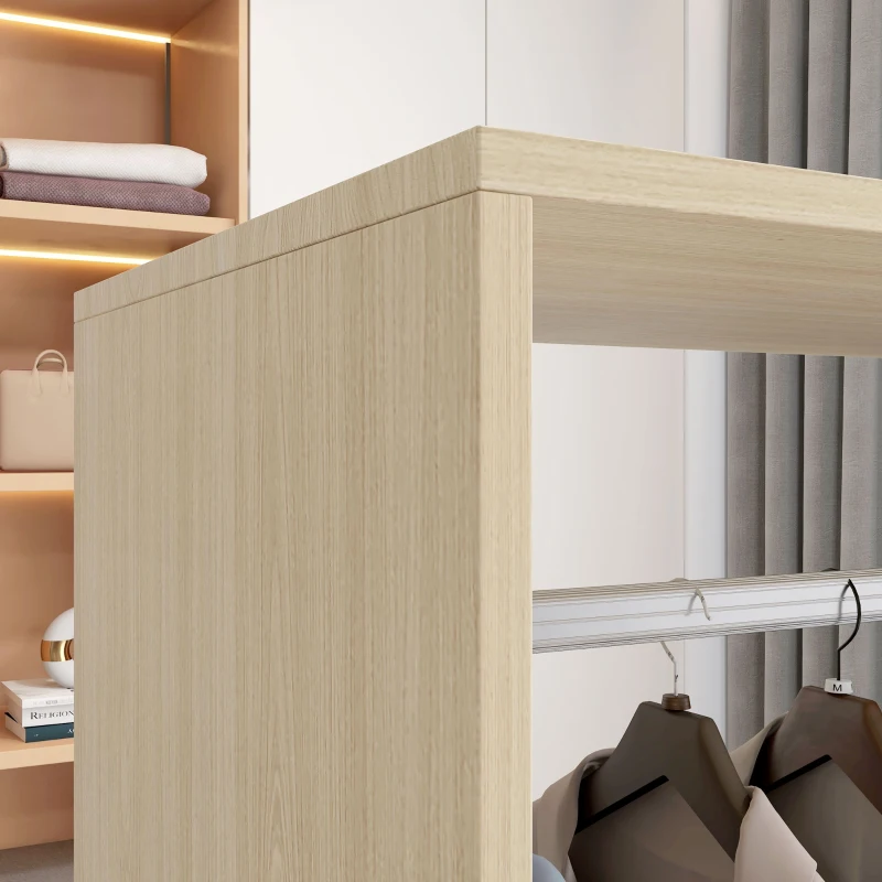 HOMCOM Open Wardrobe on Wheels, Bedroom Wardrobe with Clothes Hanging Rail, 2 Storage Shelves, Mobile Garment Rack for Cloakroom, Hallway, Natural