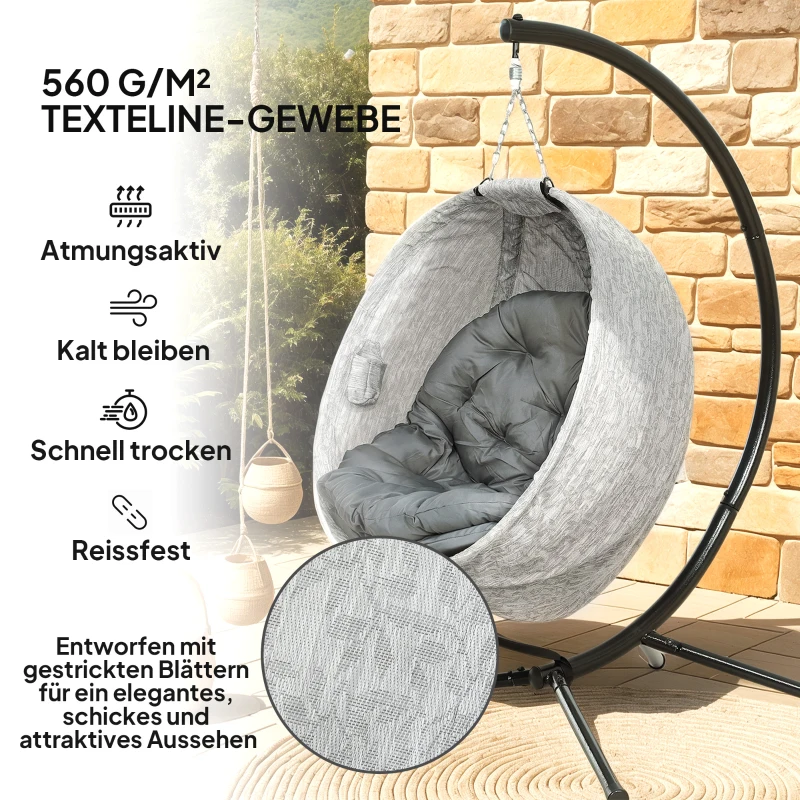 Outsunny Eivormige hangmand, hangstoel met schommelfunctie en opvouwbare mand, tuinstoel, bekerhouder, grijs
