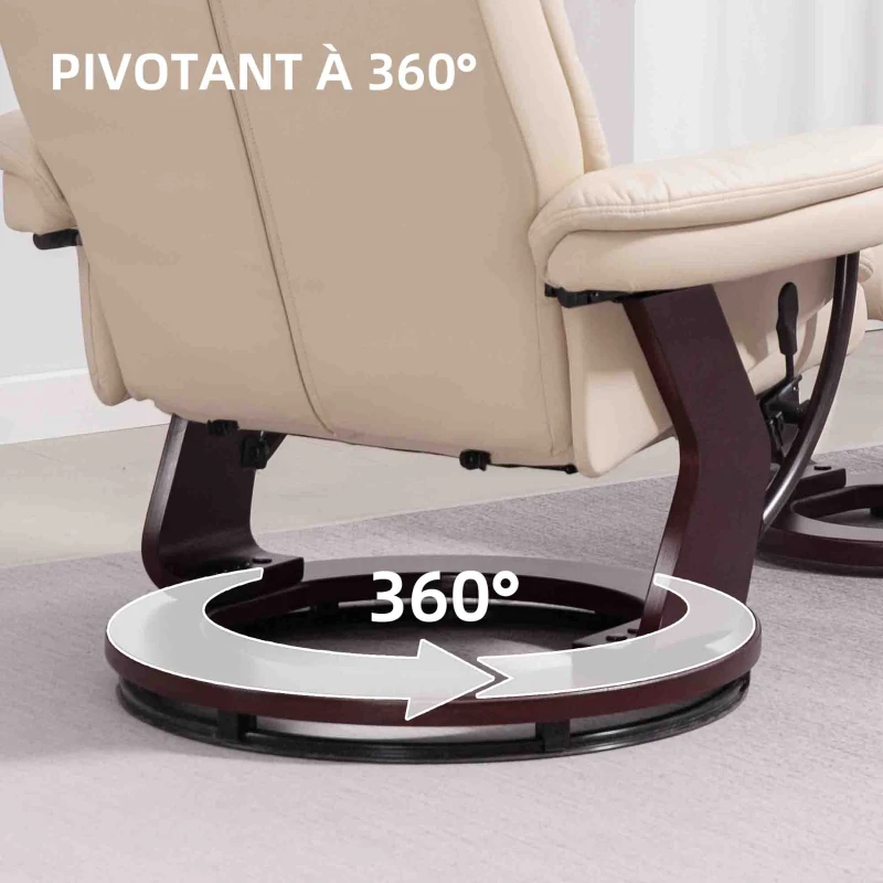 HOMCOM Fauteuil salon avec repose-pieds, chaise pivotante en PU, dossier inclinable, assise rembourrée, 86 x 83 x 107 cm, crème