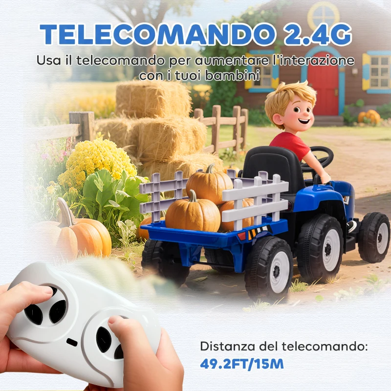 HOMCOM Trattore Elettrico per Bambini con Rimorchio Rimovibile, Telecomando, Porta USB, Musica e Luci, Età 3-6 Anni, Blu