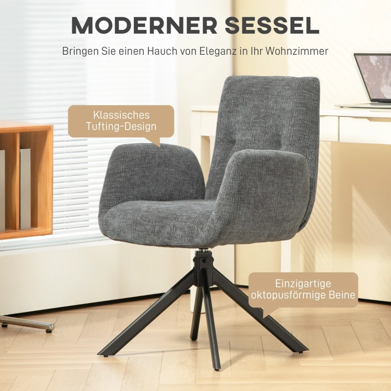 HOMCOM draaistoel loungefauteuil met armleuningen, wol-linnen look, moderne gestoffeerde stoel met knoopdetails, stalen poten, voor woonkamer of slaapkamer, donkergrijs