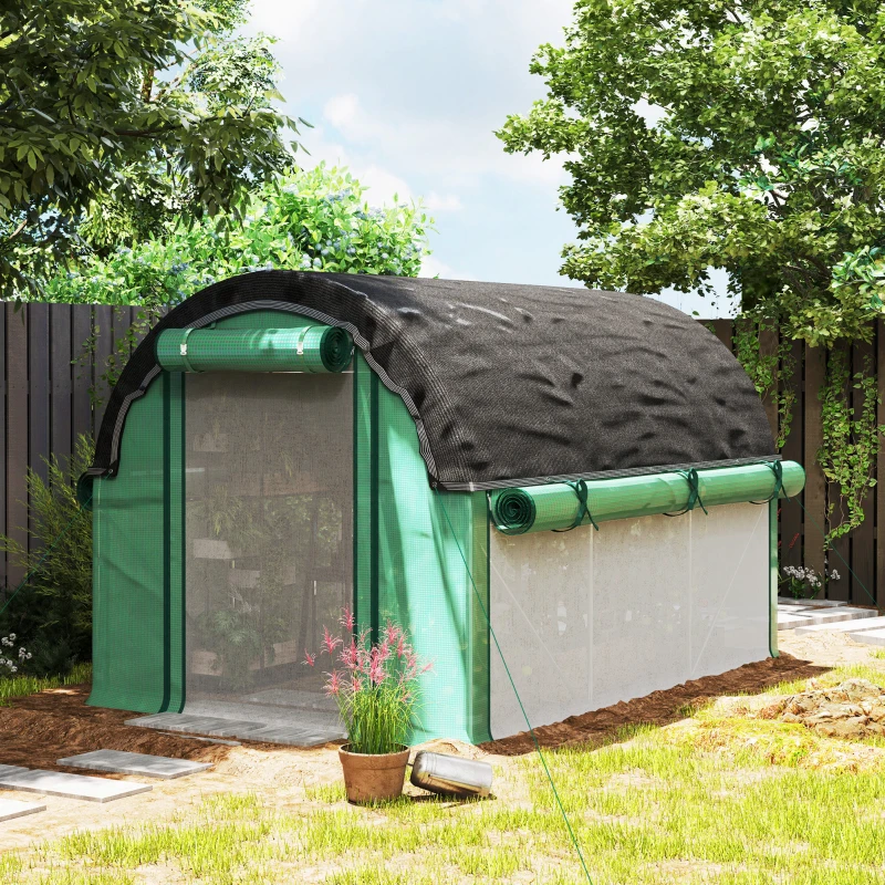 Outsunny 3 x 2 x 2 m polytunnelkas met zonneschermnet, oprolbare zijwanden, kunststofafdekking, stalen frame, groen