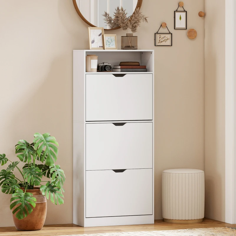 HOMCOM Sapateira Estreita com 3 Gavetas Rebatíveis Prateleiras Ajustáveis e Compartimento Aberto Capacidade para 12-18 Pares Branco