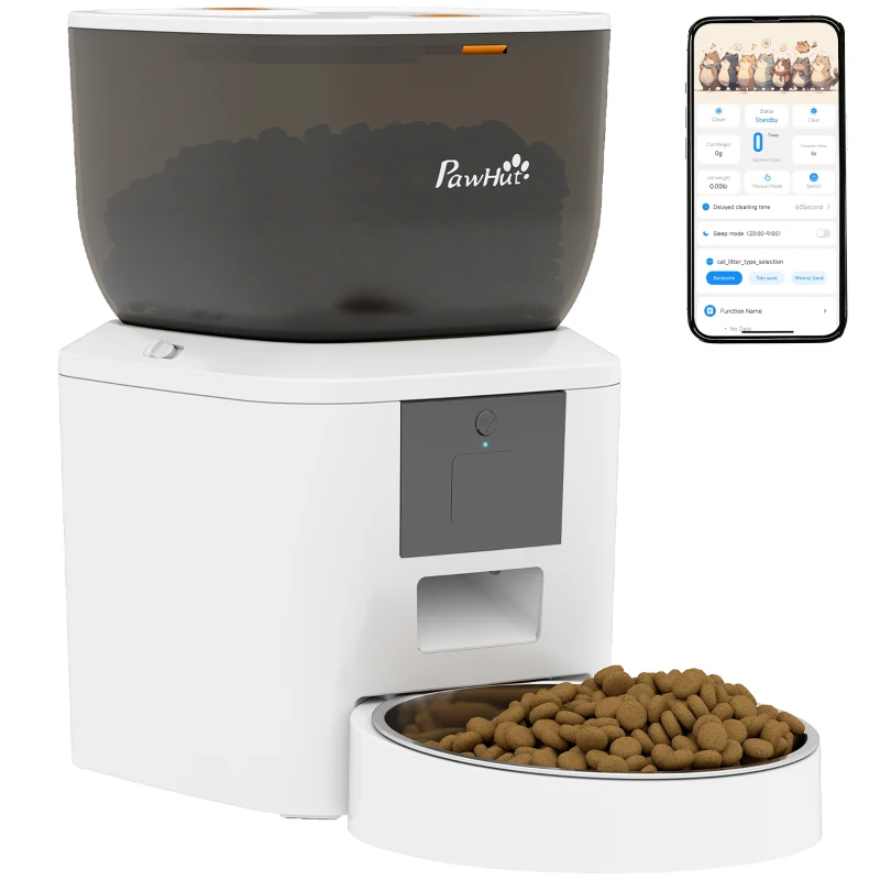 PawHut Comedero Automático 4L WiFi 2.4G para Gatos Perros con Control App 2 Cuencos 1-10 Comidas al Día Grabadora Voz 10s